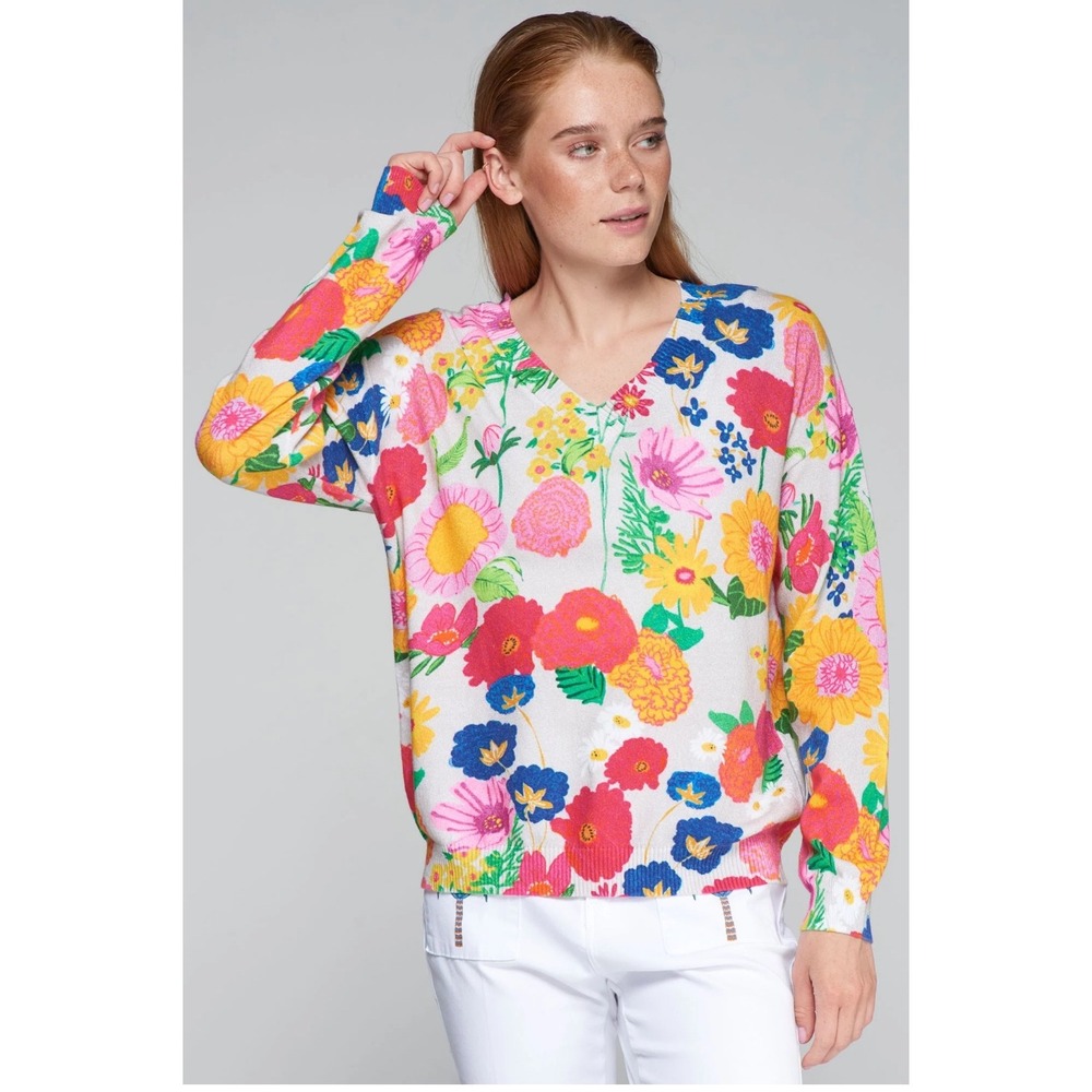 Vilagallo Floral V Neck Cotton Boxy Sweater Maximalist Artsy Dopamine Boho Y2K M